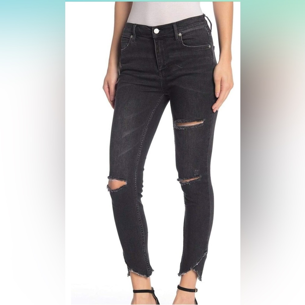 WE THE FREE Free People Black High Rise Distressed Jeans w/ Raw Frayed Hem Sz 25